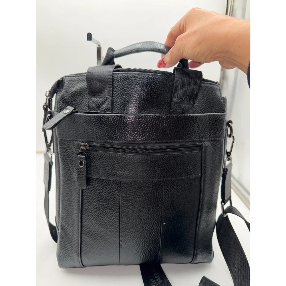Cheer Soul Black Pebbled Leather Messenger Bag Crossbody Multi Pocket Travel Bag
